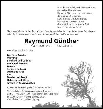 Anzeige von Raymund Günther von Kölner Stadt-Anzeiger / Kölnische Rundschau / Express