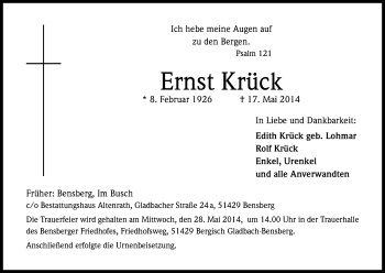 Anzeige von Ernst Krück von Kölner Stadt-Anzeiger / Kölnische Rundschau / Express