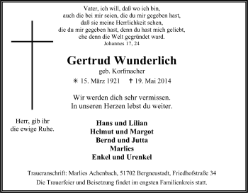 Anzeige von Gertrud Wunderlich von Kölner Stadt-Anzeiger / Kölnische Rundschau / Express