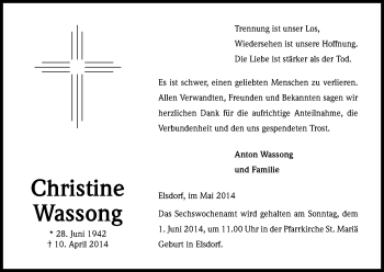 Anzeige von Christine Wassong von Kölner Stadt-Anzeiger / Kölnische Rundschau / Express