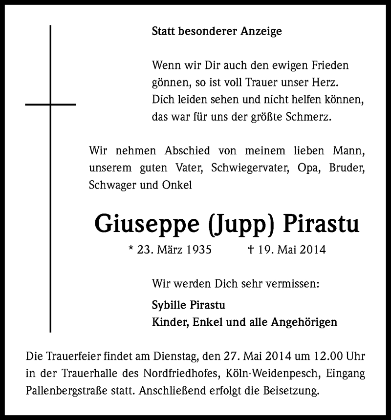  Traueranzeige für Giuseppe Pirastu vom 24.05.2014 aus Kölner Stadt-Anzeiger / Kölnische Rundschau / Express