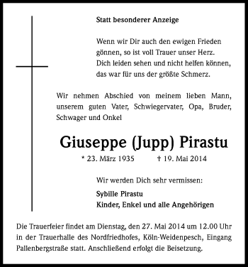 Anzeige von Giuseppe Pirastu von Kölner Stadt-Anzeiger / Kölnische Rundschau / Express