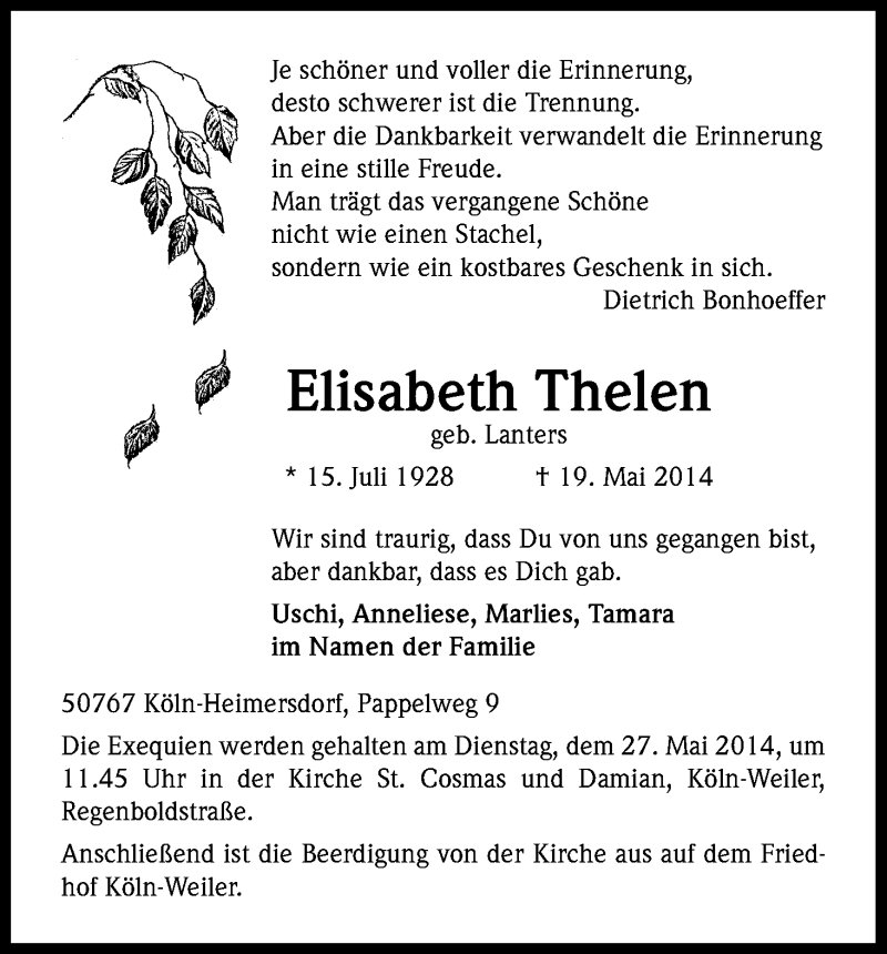  Traueranzeige für Elisabeth Thelen vom 24.05.2014 aus Kölner Stadt-Anzeiger / Kölnische Rundschau / Express