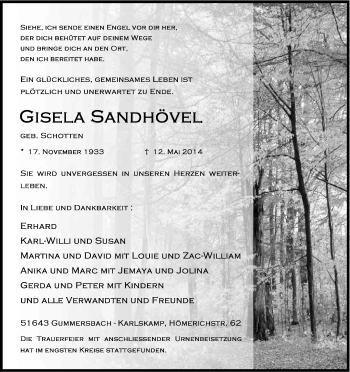 Anzeige von Gisela Sandhövel von Kölner Stadt-Anzeiger / Kölnische Rundschau / Express