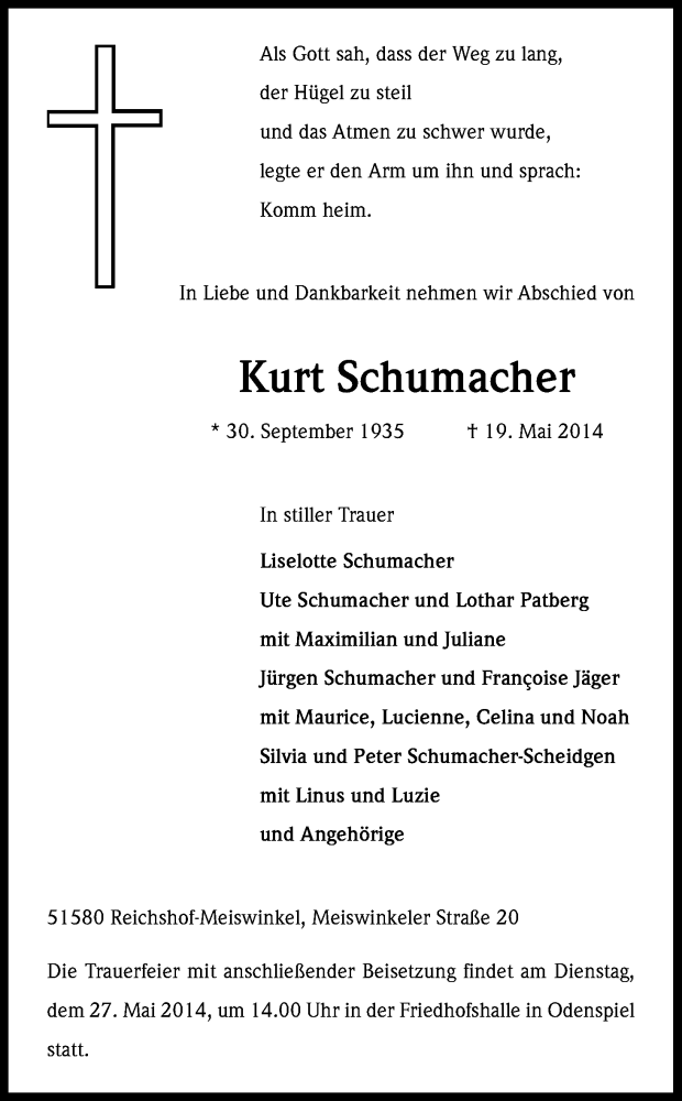  Traueranzeige für Kurt Schumacher vom 22.05.2014 aus Kölner Stadt-Anzeiger / Kölnische Rundschau / Express