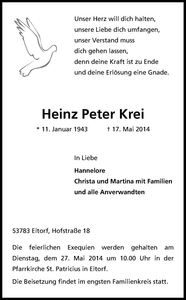  Traueranzeige für Heinz Peter Krei vom 23.05.2014 aus Kölner Stadt-Anzeiger / Kölnische Rundschau / Express