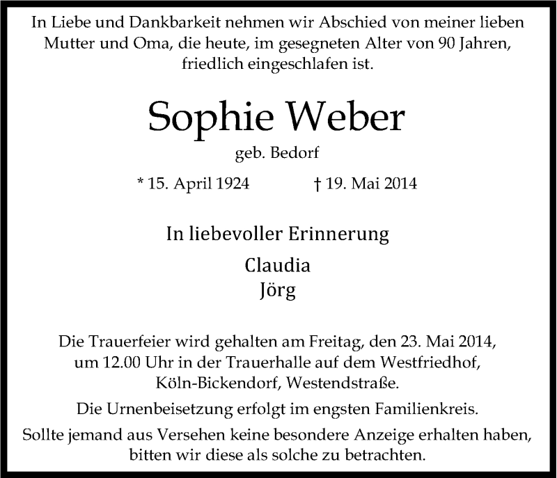  Traueranzeige für Sophie Weber vom 22.05.2014 aus Kölner Stadt-Anzeiger / Kölnische Rundschau / Express