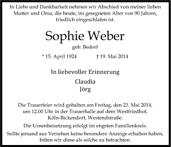 Anzeige von Sophie Weber von Kölner Stadt-Anzeiger / Kölnische Rundschau / Express