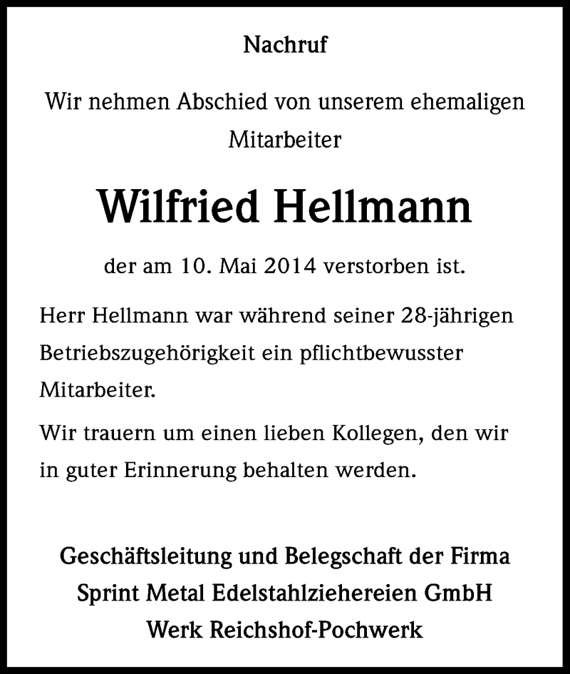  Traueranzeige für Wilfried Hellmann vom 24.05.2014 aus Kölner Stadt-Anzeiger / Kölnische Rundschau / Express