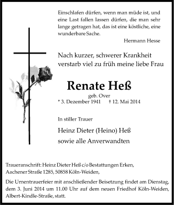 Anzeige von Renate Heß von Kölner Stadt-Anzeiger / Kölnische Rundschau / Express
