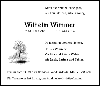 Anzeige von Wilhelm Wimmer von Kölner Stadt-Anzeiger / Kölnische Rundschau / Express