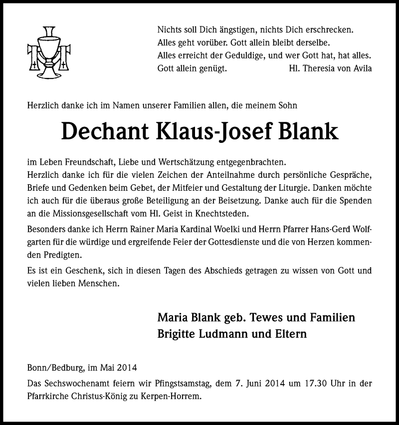  Traueranzeige für Klaus-Josef Blank vom 31.05.2014 aus Kölner Stadt-Anzeiger / Kölnische Rundschau / Express