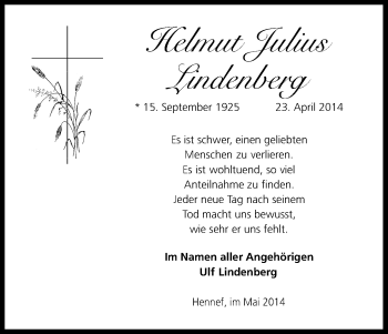 Anzeige von Helmut Julius Lindenberg von Kölner Stadt-Anzeiger / Kölnische Rundschau / Express