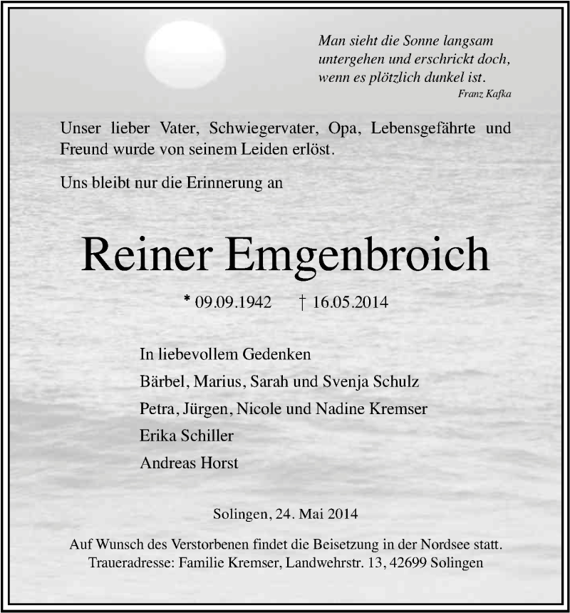  Traueranzeige für Reiner Emgenbroich vom 24.05.2014 aus Kölner Stadt-Anzeiger / Kölnische Rundschau / Express