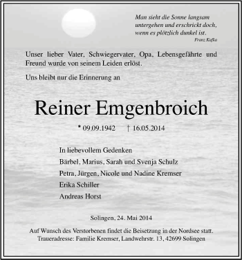 Anzeige von Reiner Emgenbroich von Kölner Stadt-Anzeiger / Kölnische Rundschau / Express