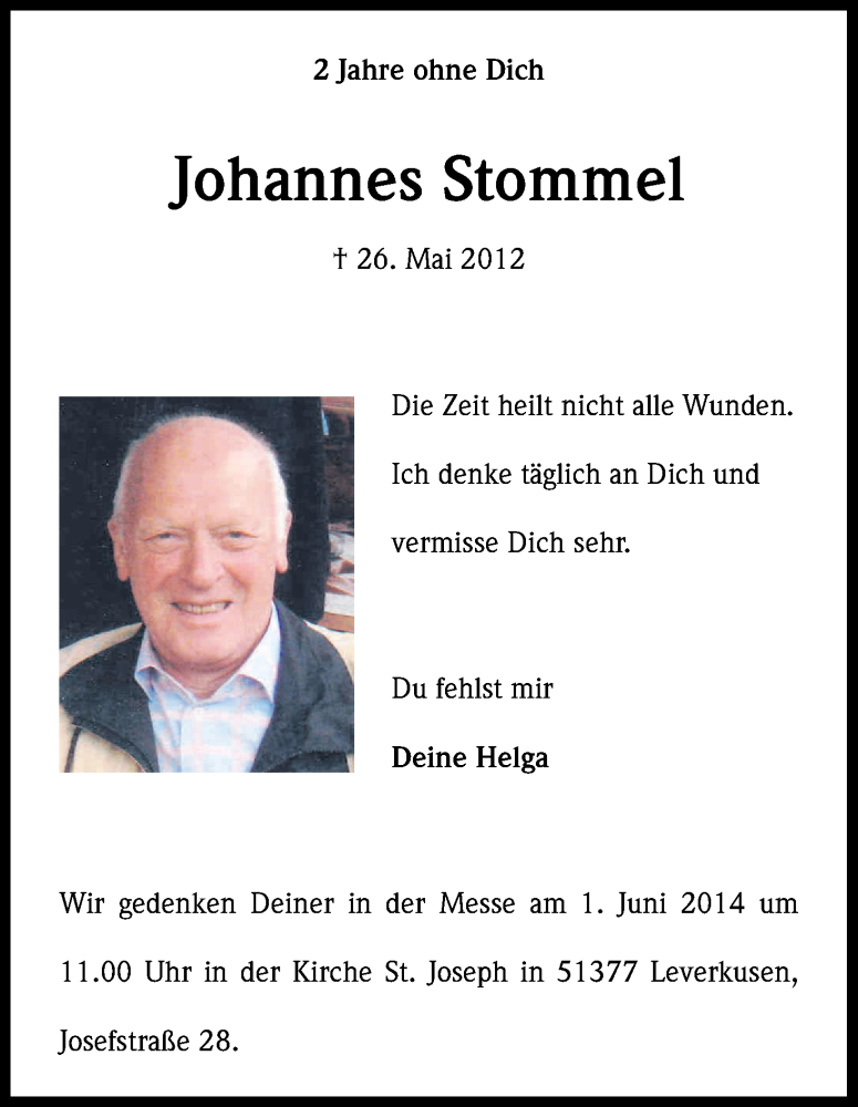  Traueranzeige für Johannes Stommel vom 26.05.2014 aus Kölner Stadt-Anzeiger / Kölnische Rundschau / Express