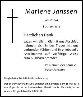 Anzeige von Marlene Janssen von Kölner Stadt-Anzeiger / Kölnische Rundschau / Express