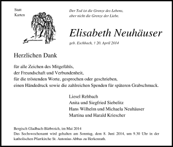 Anzeige von Elisabeth Neuhäuser von Kölner Stadt-Anzeiger / Kölnische Rundschau / Express