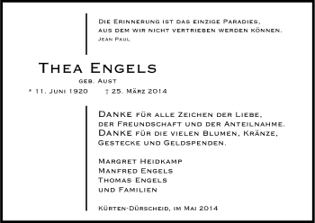 Anzeige von Thea Engels von Kölner Stadt-Anzeiger / Kölnische Rundschau / Express