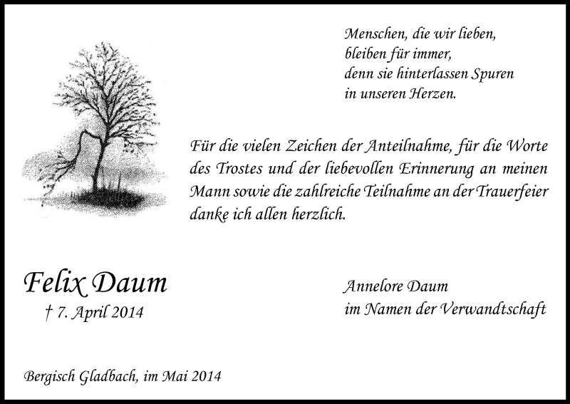  Traueranzeige für Felix Daum vom 24.05.2014 aus Kölner Stadt-Anzeiger / Kölnische Rundschau / Express