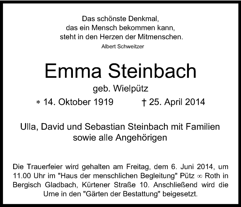  Traueranzeige für Emma Steinbach vom 24.05.2014 aus Kölner Stadt-Anzeiger / Kölnische Rundschau / Express