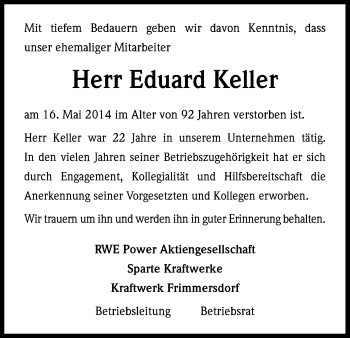 Anzeige von Eduard Keller von Kölner Stadt-Anzeiger / Kölnische Rundschau / Express