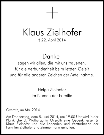 Anzeige von Klaus Zielhofer von Kölner Stadt-Anzeiger / Kölnische Rundschau / Express