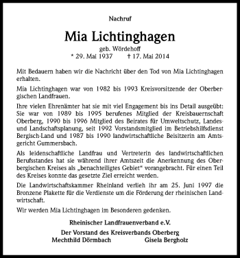 Anzeige von Mia Lichtinghagen von Kölner Stadt-Anzeiger / Kölnische Rundschau / Express