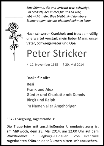 Anzeige von Peter Stricker von Kölner Stadt-Anzeiger / Kölnische Rundschau / Express