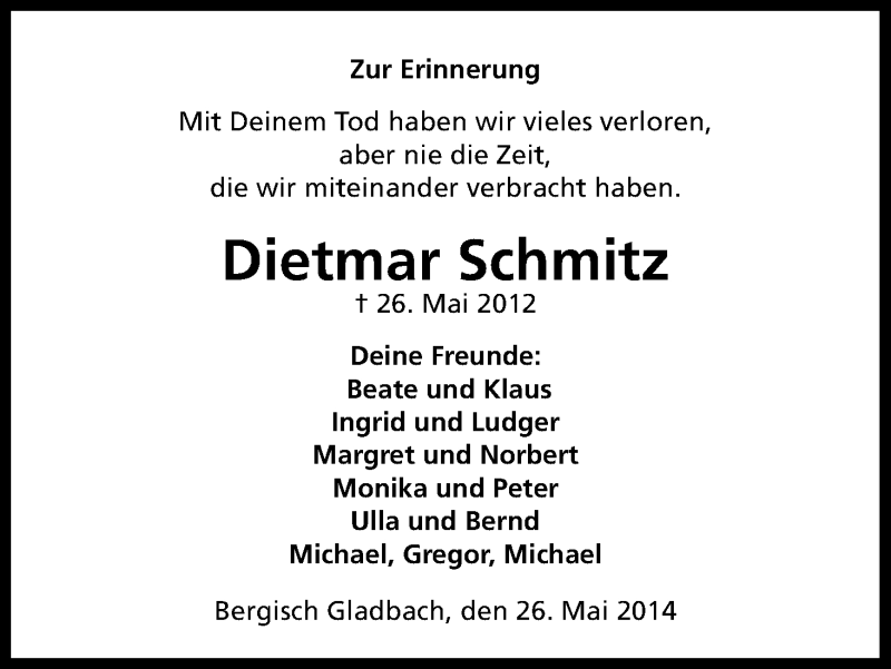 Traueranzeige für Dietmar Schmitz vom 26.05.2014 aus Kölner Stadt-Anzeiger / Kölnische Rundschau / Express