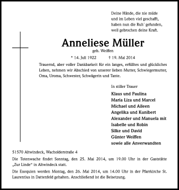 Anzeige von Anneliese Müller von Kölner Stadt-Anzeiger / Kölnische Rundschau / Express