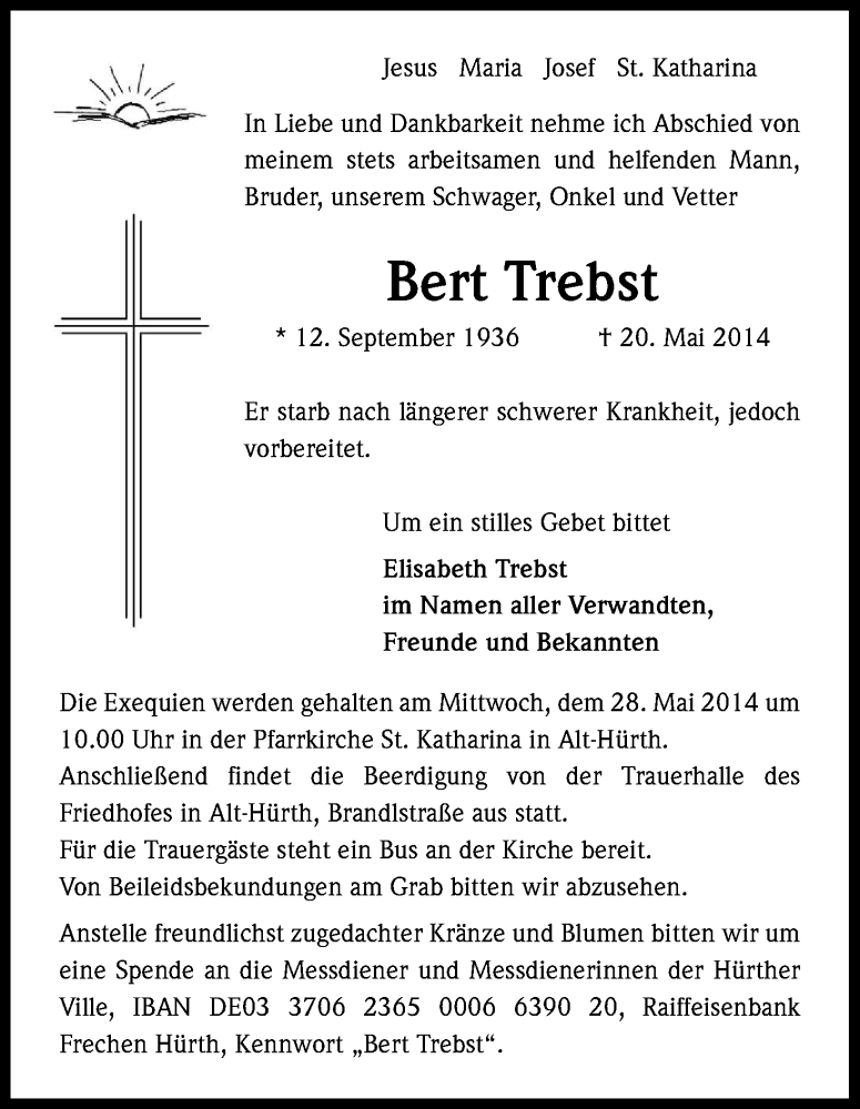  Traueranzeige für Bert Trebst vom 23.05.2014 aus Kölner Stadt-Anzeiger / Kölnische Rundschau / Express