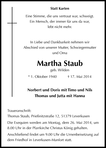 Anzeige von Martha Staub von Kölner Stadt-Anzeiger / Kölnische Rundschau / Express