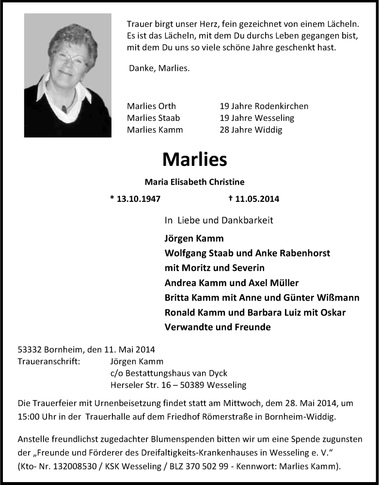  Traueranzeige für Marlies  vom 24.05.2014 aus Kölner Stadt-Anzeiger / Kölnische Rundschau / Express