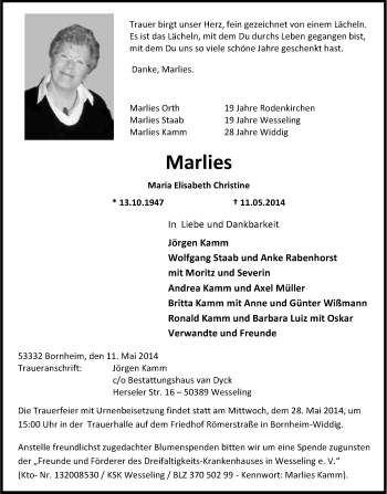 Anzeige von Marlies  von Kölner Stadt-Anzeiger / Kölnische Rundschau / Express