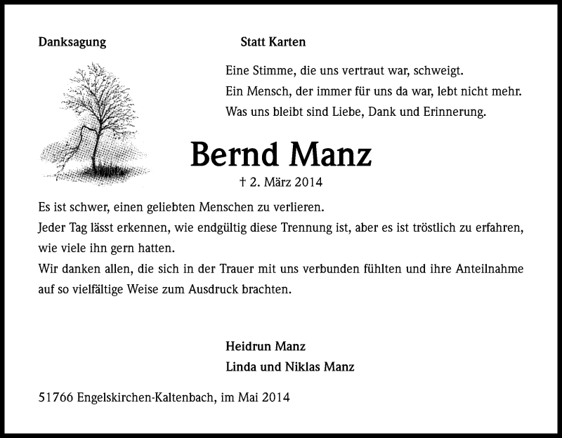  Traueranzeige für Bernd Manz vom 24.05.2014 aus Kölner Stadt-Anzeiger / Kölnische Rundschau / Express