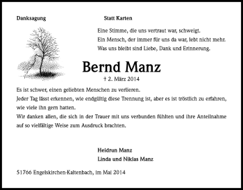 Anzeige von Bernd Manz von Kölner Stadt-Anzeiger / Kölnische Rundschau / Express