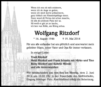Anzeige von Wolfgang Ritzdorf von Kölner Stadt-Anzeiger / Kölnische Rundschau / Express