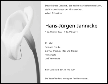 Anzeige von Hans-Jürgen Jannicke von Kölner Stadt-Anzeiger / Kölnische Rundschau / Express
