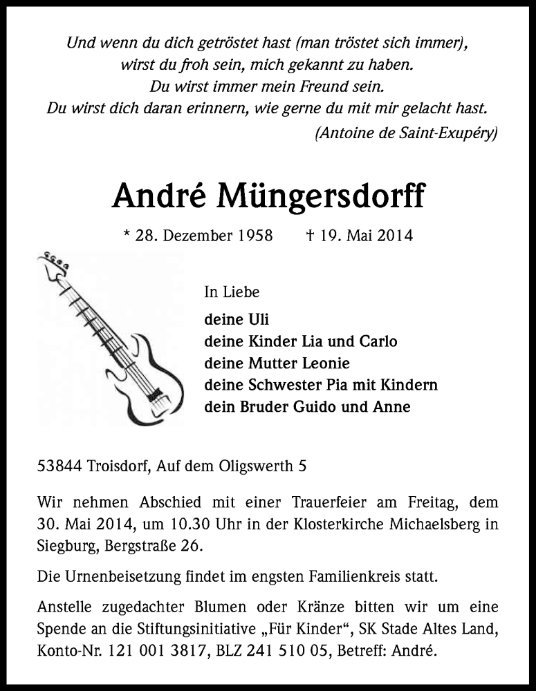  Traueranzeige für André Müngersdorff vom 24.05.2014 aus Kölner Stadt-Anzeiger / Kölnische Rundschau / Express