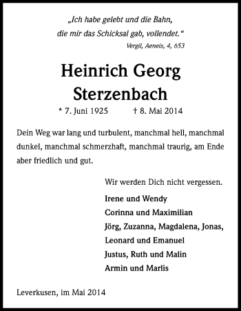 Anzeige von Heinrich Georg Sterzenbach von Kölner Stadt-Anzeiger / Kölnische Rundschau / Express