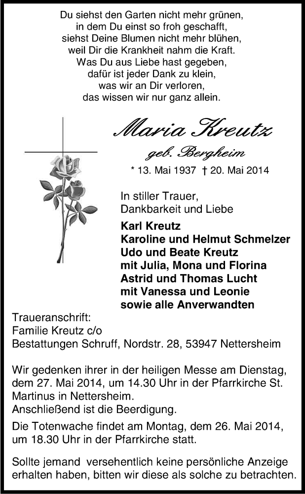  Traueranzeige für Maria Kreutz vom 24.05.2014 aus Kölner Stadt-Anzeiger / Kölnische Rundschau / Express
