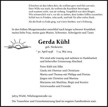 Anzeige von Gerda Kühl von Kölner Stadt-Anzeiger / Kölnische Rundschau / Express