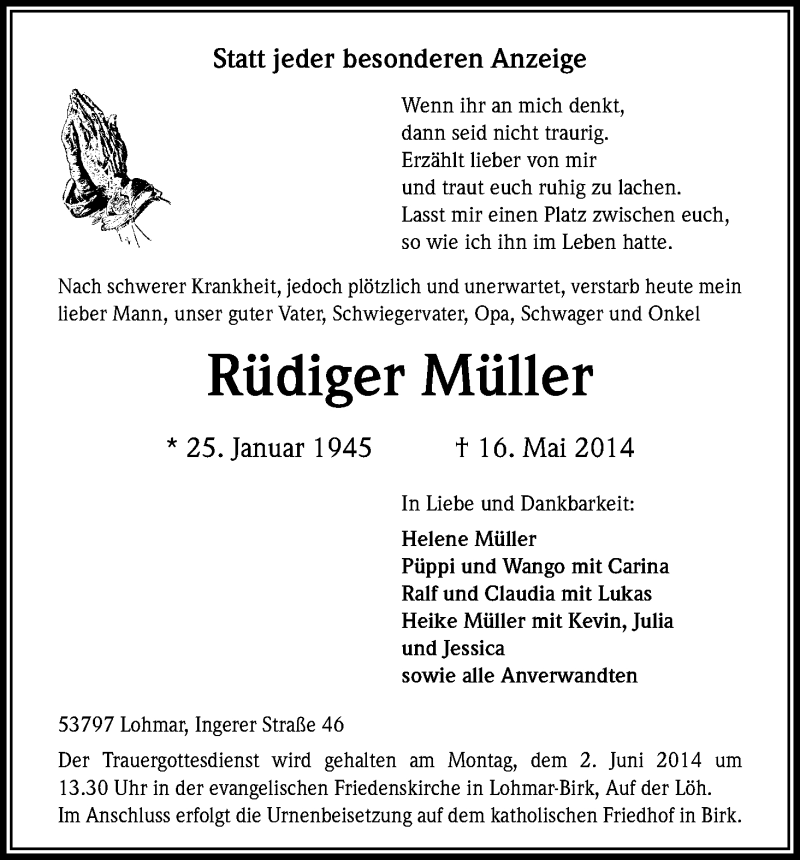  Traueranzeige für Rüdiger Müller vom 24.05.2014 aus Kölner Stadt-Anzeiger / Kölnische Rundschau / Express