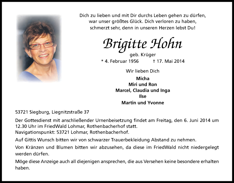  Traueranzeige für Brigitte Hohn vom 24.05.2014 aus Kölner Stadt-Anzeiger / Kölnische Rundschau / Express