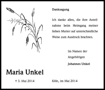 Anzeige von Maria Unkel von Kölner Stadt-Anzeiger / Kölnische Rundschau / Express