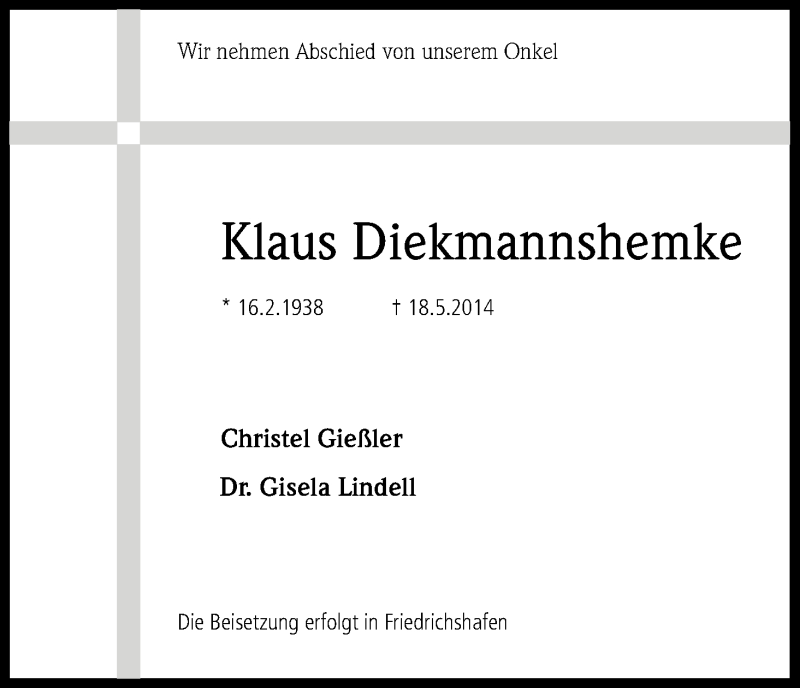  Traueranzeige für Klaus Diekmannshemke vom 24.05.2014 aus Kölner Stadt-Anzeiger / Kölnische Rundschau / Express