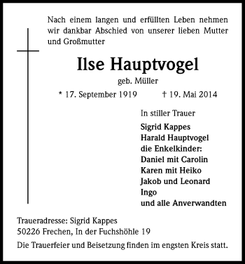 Anzeige von Ilse Hauptvogel von Kölner Stadt-Anzeiger / Kölnische Rundschau / Express