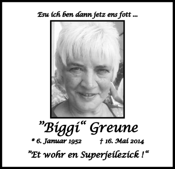 Anzeige von Biggi Greune von Kölner Stadt-Anzeiger / Kölnische Rundschau / Express