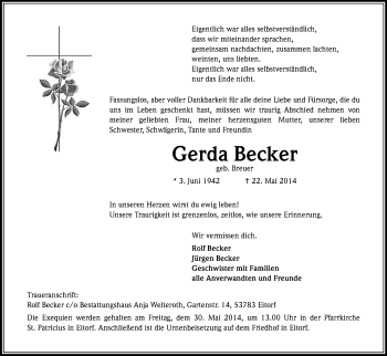 Anzeige von Gerda Becker von Kölner Stadt-Anzeiger / Kölnische Rundschau / Express